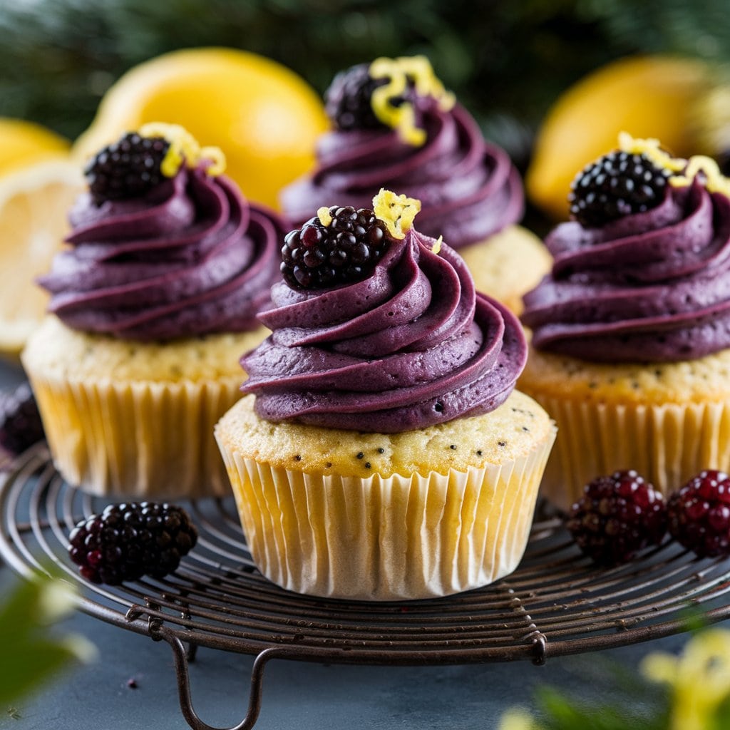 Lemon Poppy Seed Cupcakes with Blackberry Frosting